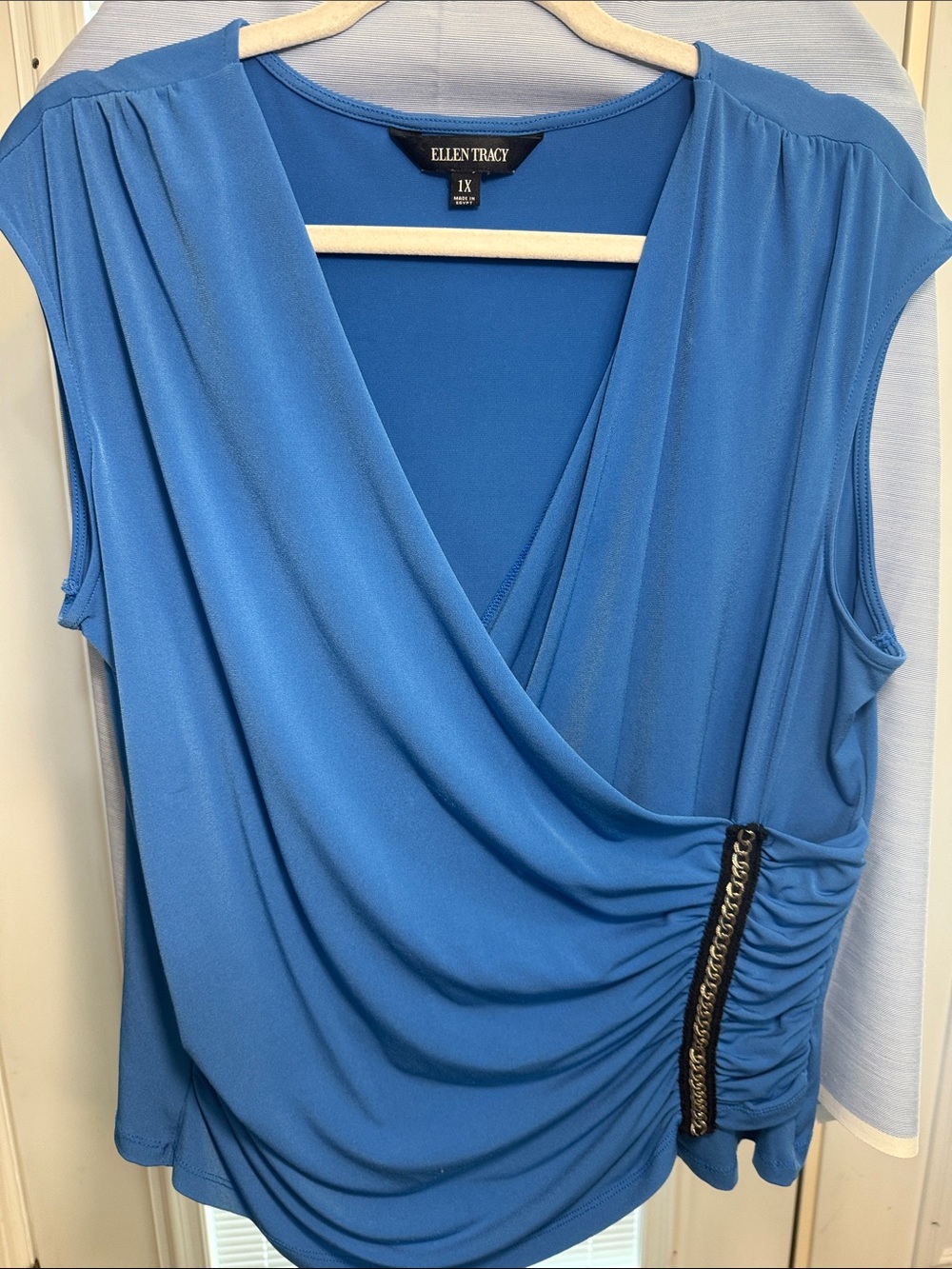 Ellen Tracy Royal Blue Draped Surplice Blouse with Chain Accent